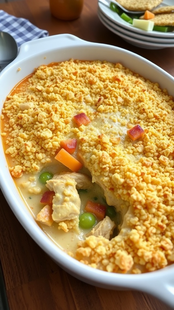 Golden brown chicken casserole topped with crispy Ritz crackers and filled with creamy chicken and vegetables.